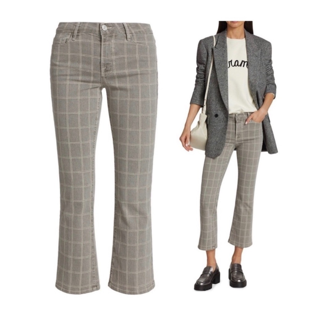 FRAME Washed Plaid Le Crop Mini Boot Jeans Womens 26 Grey Flared Academia Preppy